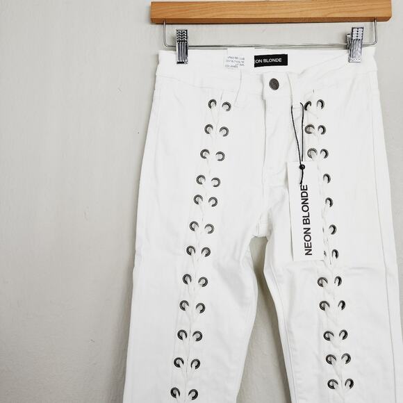 Neon Blonde Blondie Tie-Up Skinny Jeans White Denim Lace-Up Velvet Revolve 24 - Picture 3 of 9